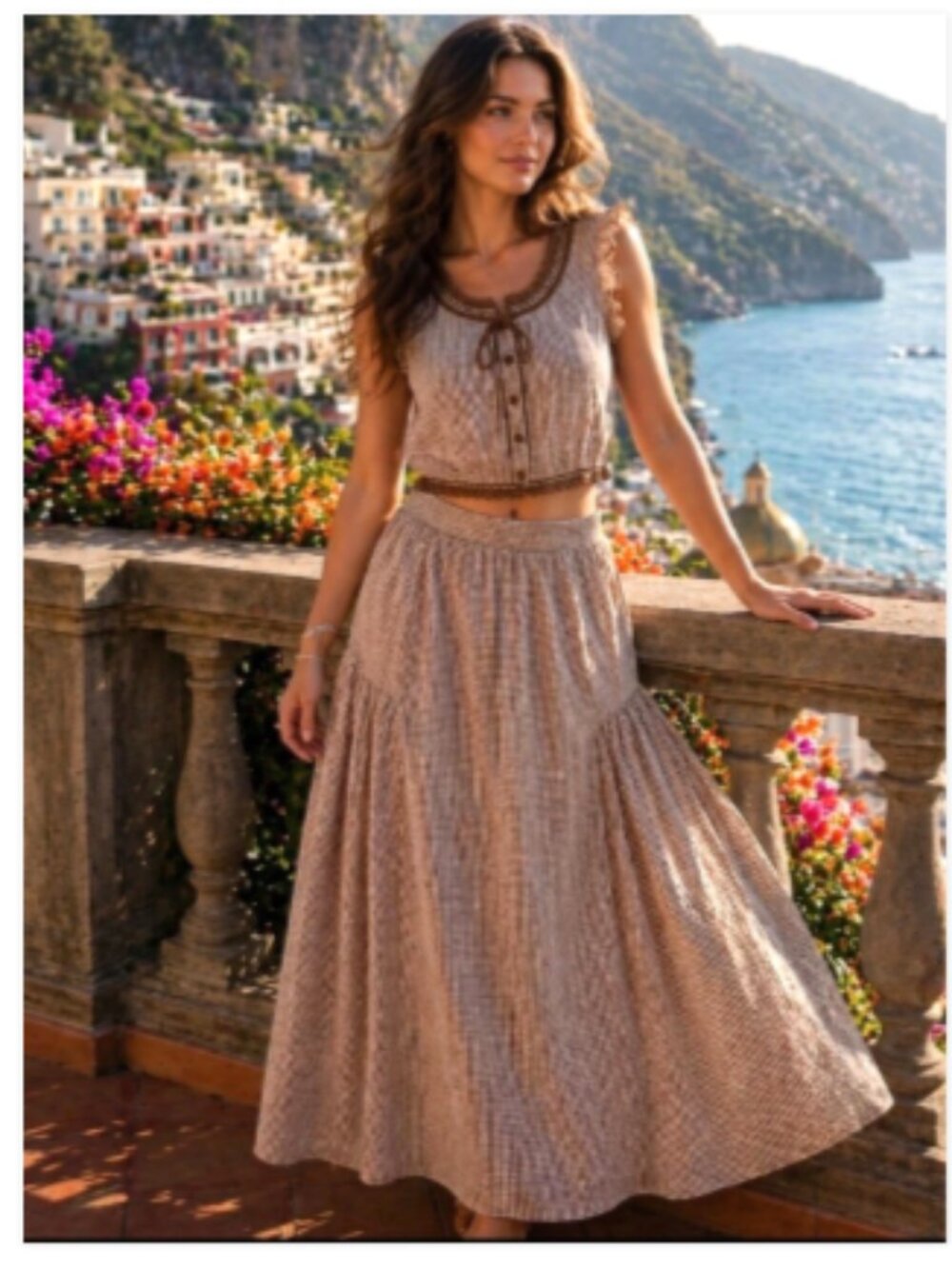NWT Caroline Constas Brown Gingham Lace Trim Crop Top Maxi Skirt Set Small S